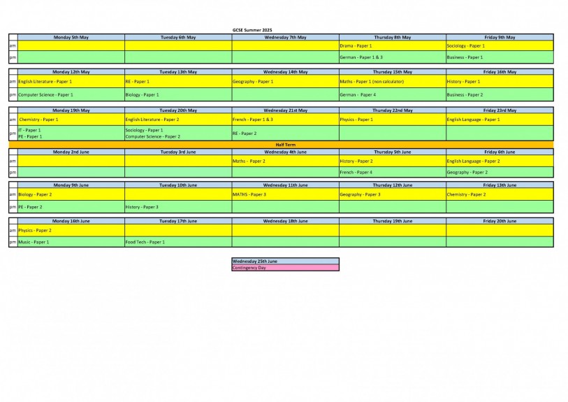 Poster Timetable Summer 2025 GCSE